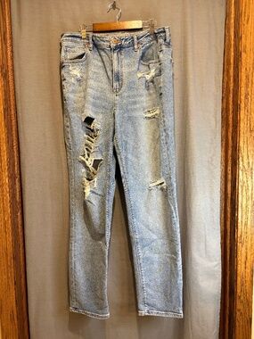 AE American Eagle Mom Jeans High Rise Stretch Light Wash Distressed Womens 12 L